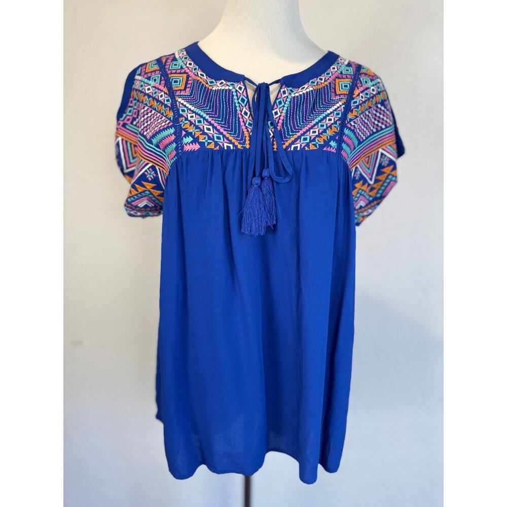 Savanna Jane Embroidered Top Blue Boho‎ Peasant Blouse Cap Sleeve Size S